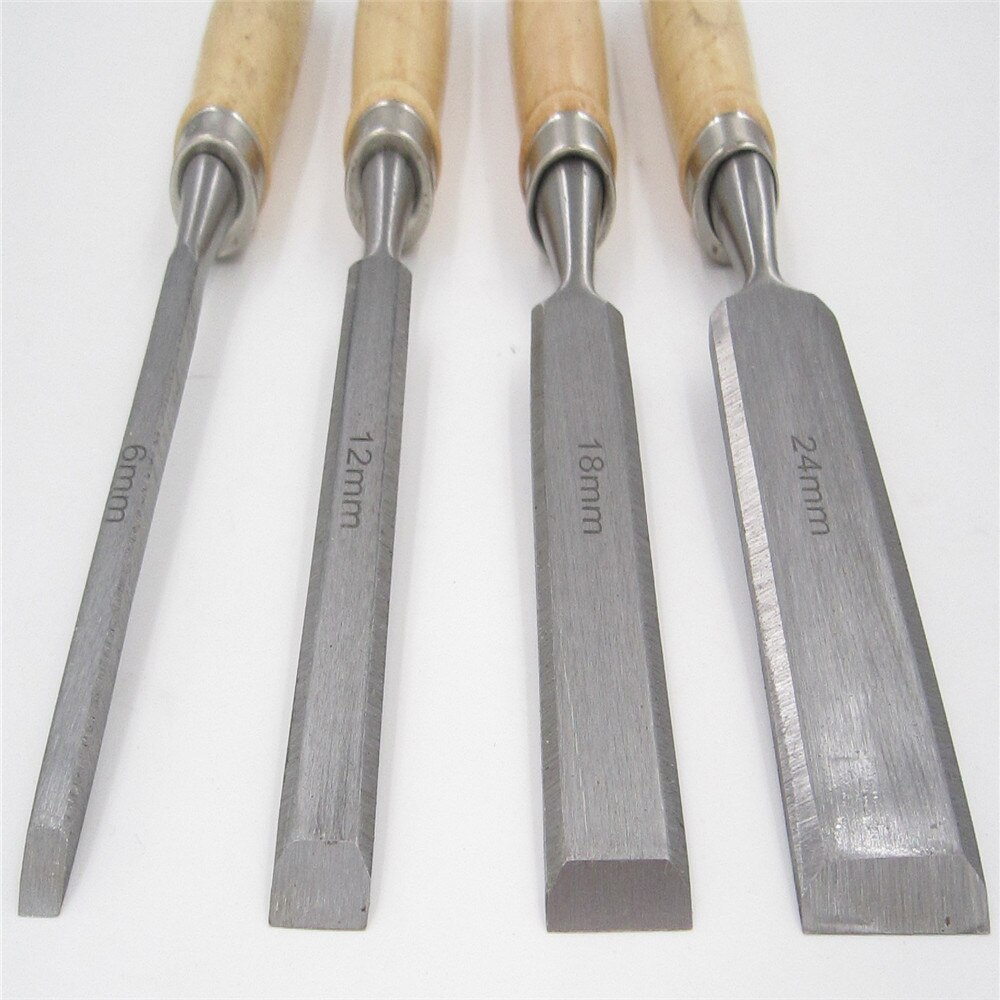 4 stk trearbeid treskjære flis snekring mortise treskurve huls meisel skulptur håndverk tresnitt kunst kunstner snekker: flat meisel