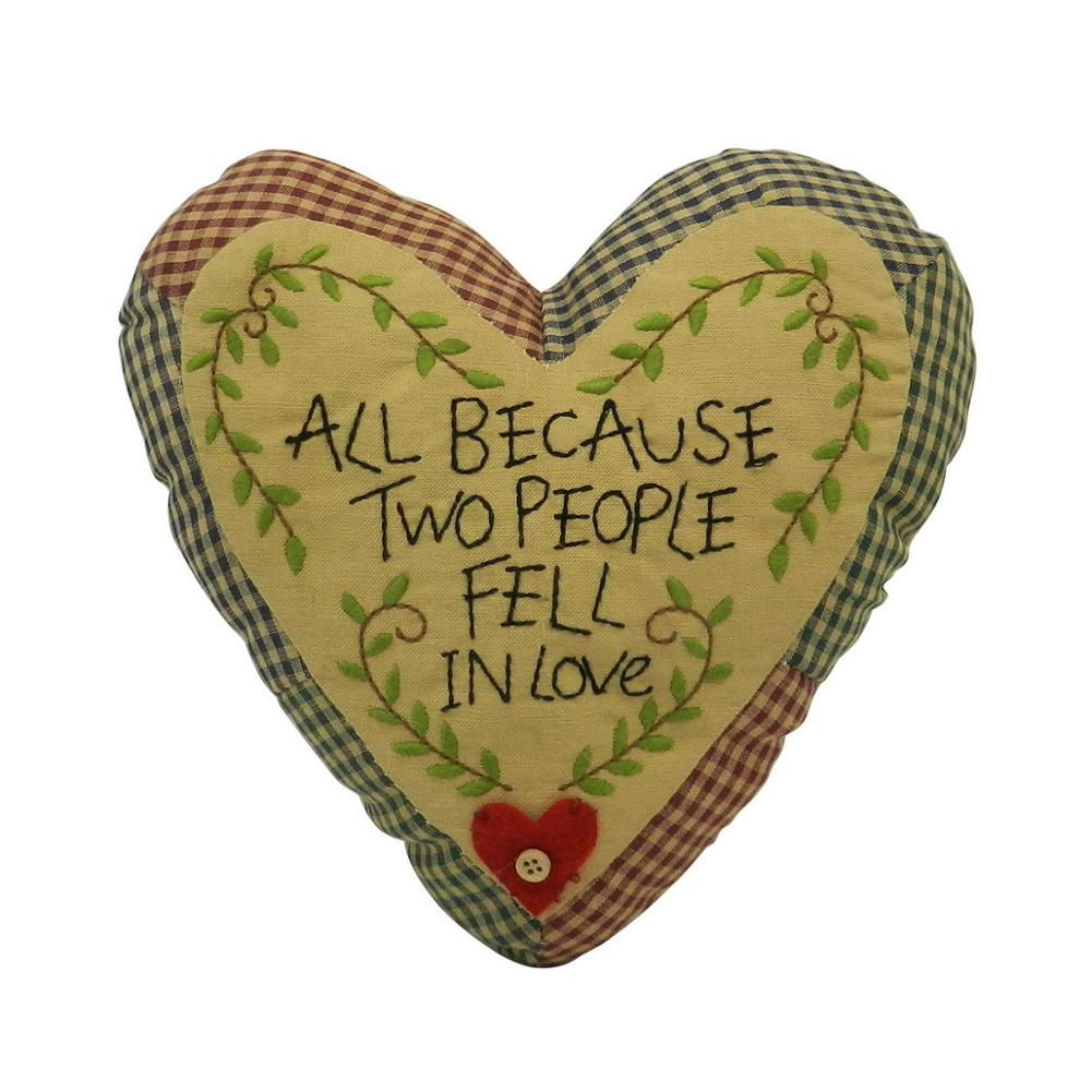 Primitivas almohada bordada con forma de corazón de caída en el amor con acento decorativo de hojas de ramita. 10x10 pulgadas