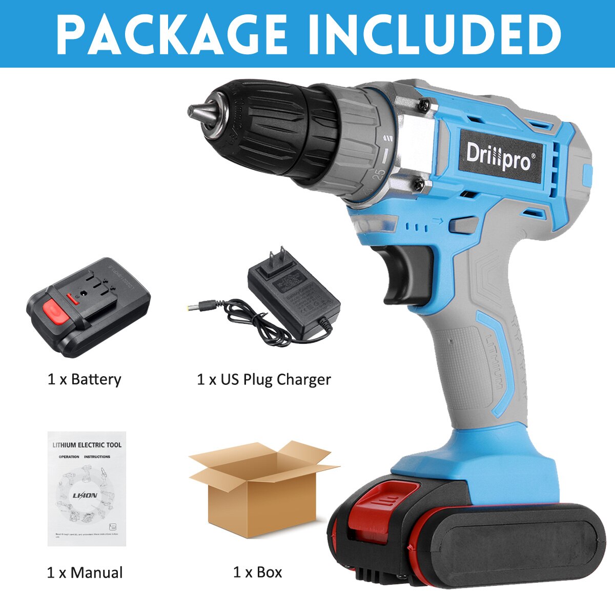 Drillpro-taladro inalámbrico de 12V, 16V, 21V, 10MM, 25 + 1, minicontrolador de potencia, batería de iones de litio, herramientas eléctricas: 21V 1 Battery US