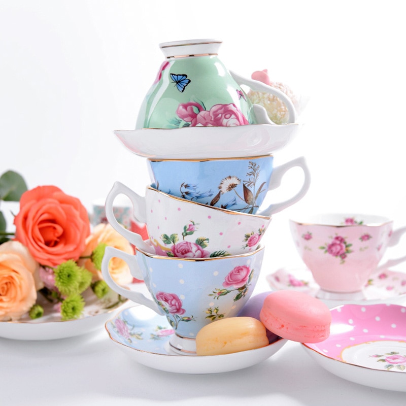 Keramisk kaffe britisk svart kinesisk bryllup kongelig benporselen blomst tekopp og tallerkensett