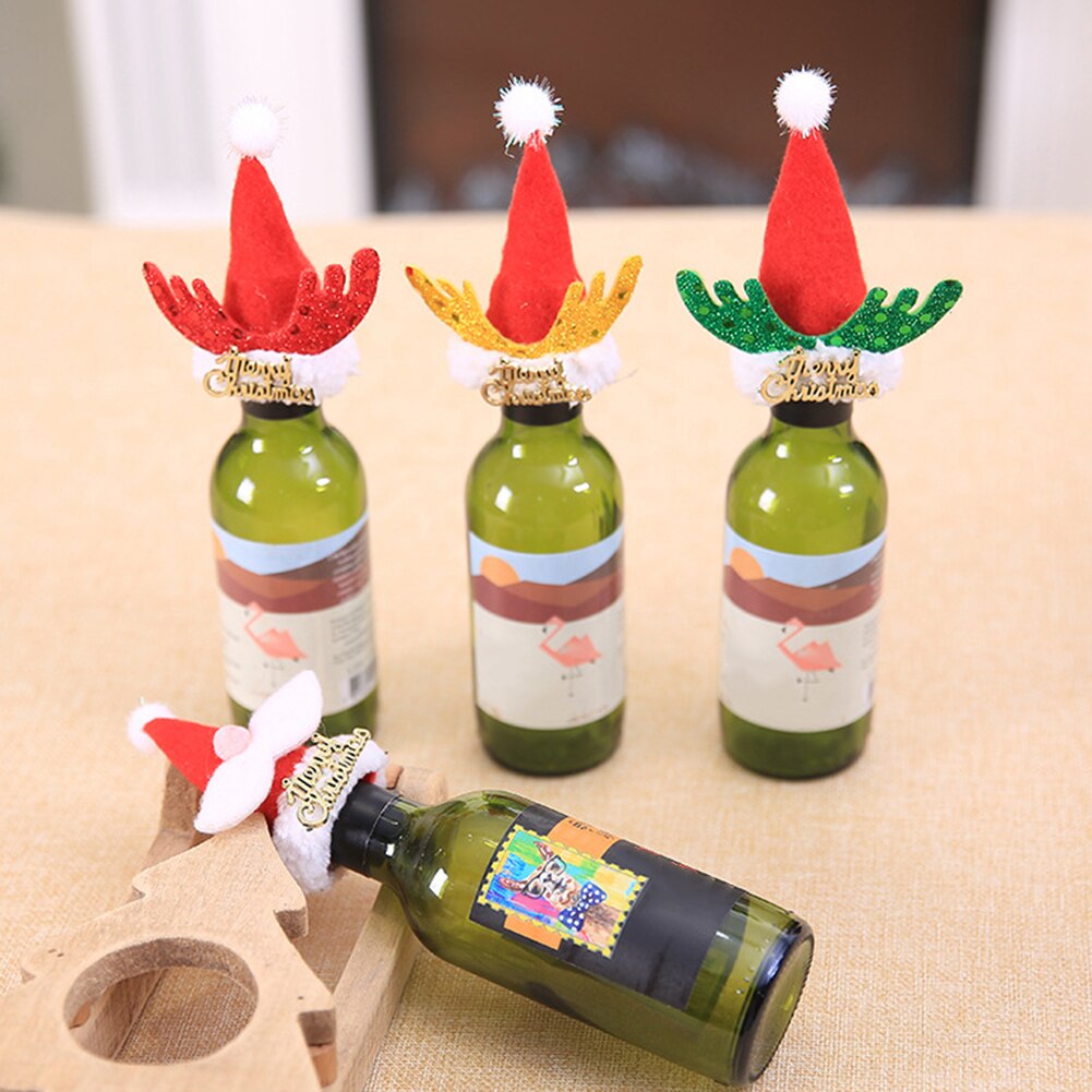 5Pcs Xmas Herten Hoorn Wijnfles Cover Wees Hoed Cap Party Decoratie Wijnfles Hoed Kerst Decoratie Xmas fles