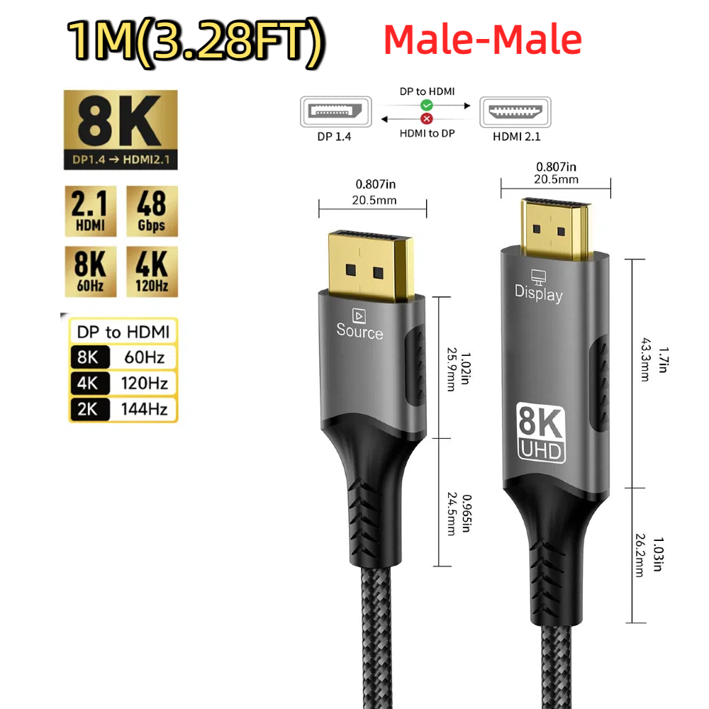 8K@60Hz DP1.4 to HDMI 2.1 Converter 4K@120Hz Ultra Speed 48Gbps Compatible Cable For Desktop Laptop PC TV Monitor Projector: WHITE