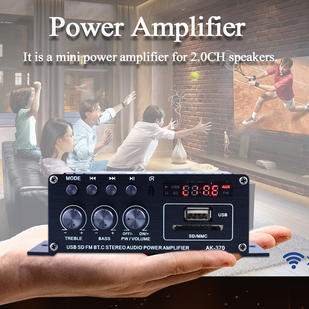 AK370 Mini Audio Power Amplifier BT Digital Audio Receiver AMP USB Memory Card Slot MP3 Player FM Radio With Remote Contro