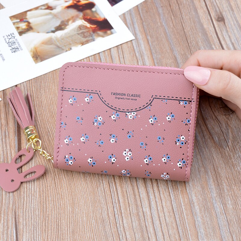 nueva cartera de mujer cartera corta de piel cremallera tarjeta con borla bolso Estudiante Coreano pequeña cartera Floral: dark pink