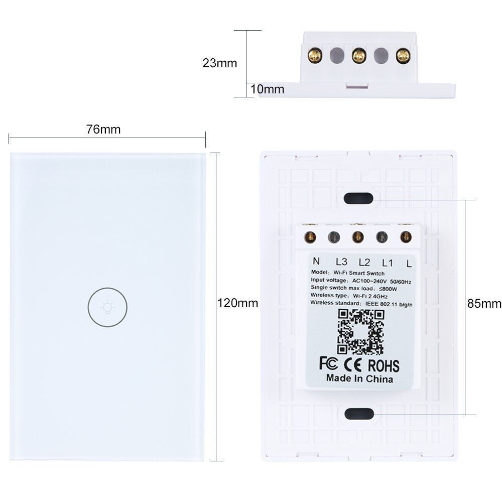 110-240V 1/2Gang 3 Way WiFi Touch Wall Light Switch No Neutral Wire Needed Compatible with Alexa and Google Home Single Pole