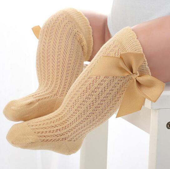 Crianças meninas grande arco na altura do joelho meia alta algodão macio rendas menina meias arco do bebê joelho longo recém-nascido meias novas crianças: gold mesh sock / Fit 2 to 4 year