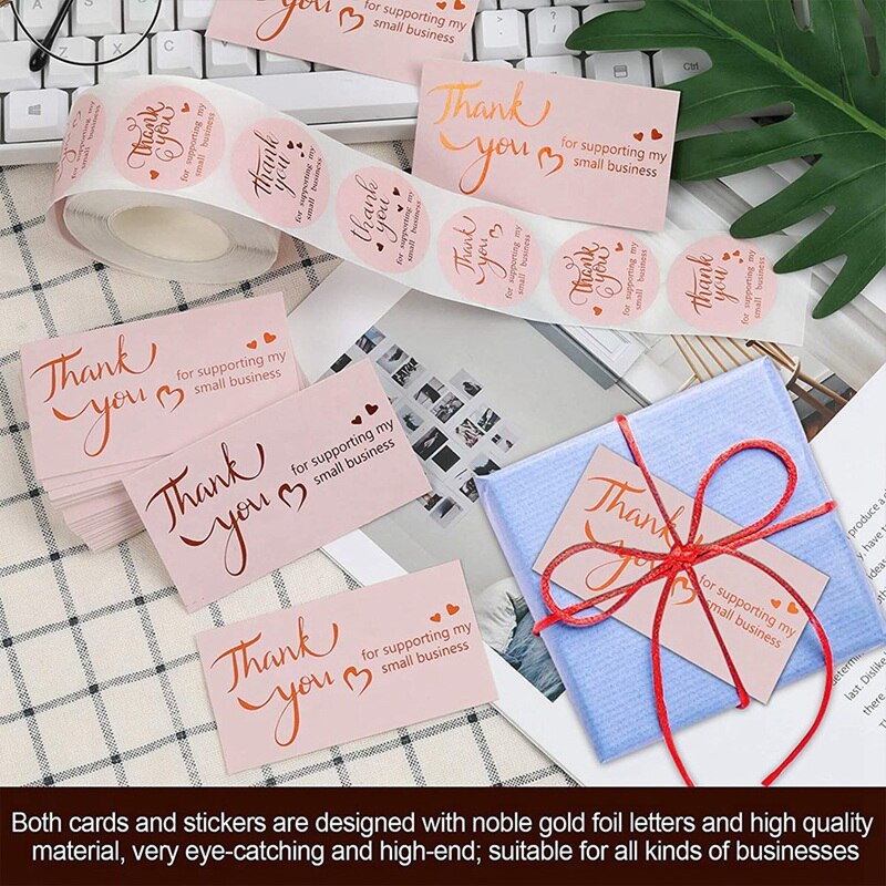 500/Roll 1.5 Inch Thank You Label Sticker Stamping Thank You Card Sticker With 100 Pink Cards Packaging Label
