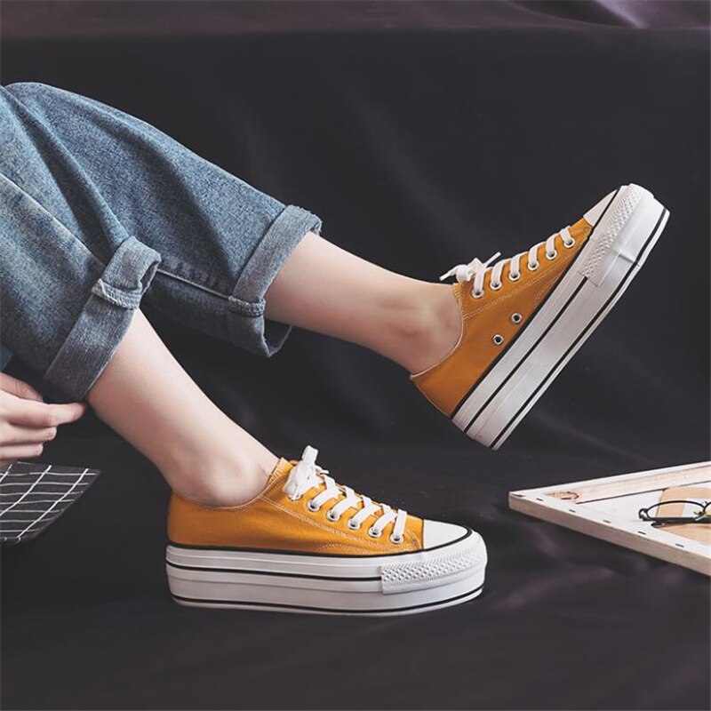 Verano de las mujeres de la Zapatos casuales zapatos de mujer Color caramelo zapatos de plataforma de lona Lisa zapatillas de mujer de fondo grueso zapatos vulcanizados
