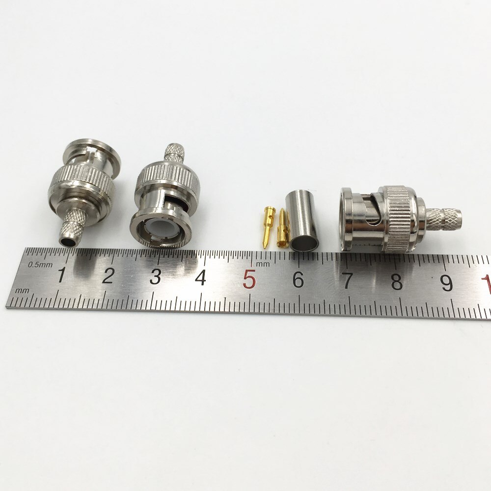 10szt Mosiężne złącze męskie 3 w 1 BNC Q9 Crimp 50Ω RG58 RG59 RG60 RG142 RG400 LMR195 RF Coax Cable Straight Connector do kamer CCTV