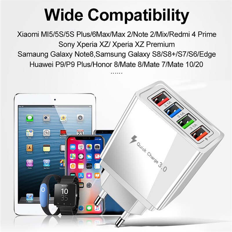 Chargeur rapide 3.0 pour iPhone 11 et 12 avec 4 ports USB, mini adaptateur compatible Huawei P30 LITE tablette téléphone portable,