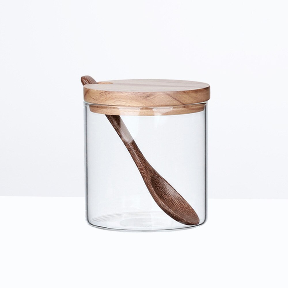 Jarra de vidrio para condimentos de cocina, recipiente para especias, jarras de sal, recipiente para condimentos con tapa y cuchara (estilo de cuchara aleatorio): Default Title