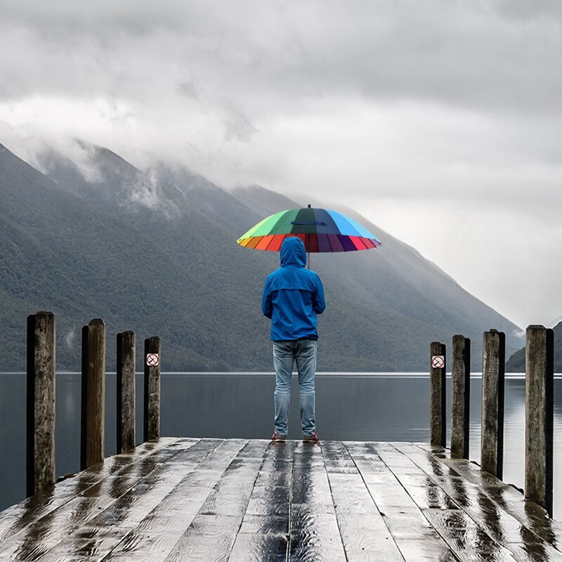 24k ribkleurige regenboog lange steel rechte anti-uv zon/regen stok paraplu handmatige grote parasol