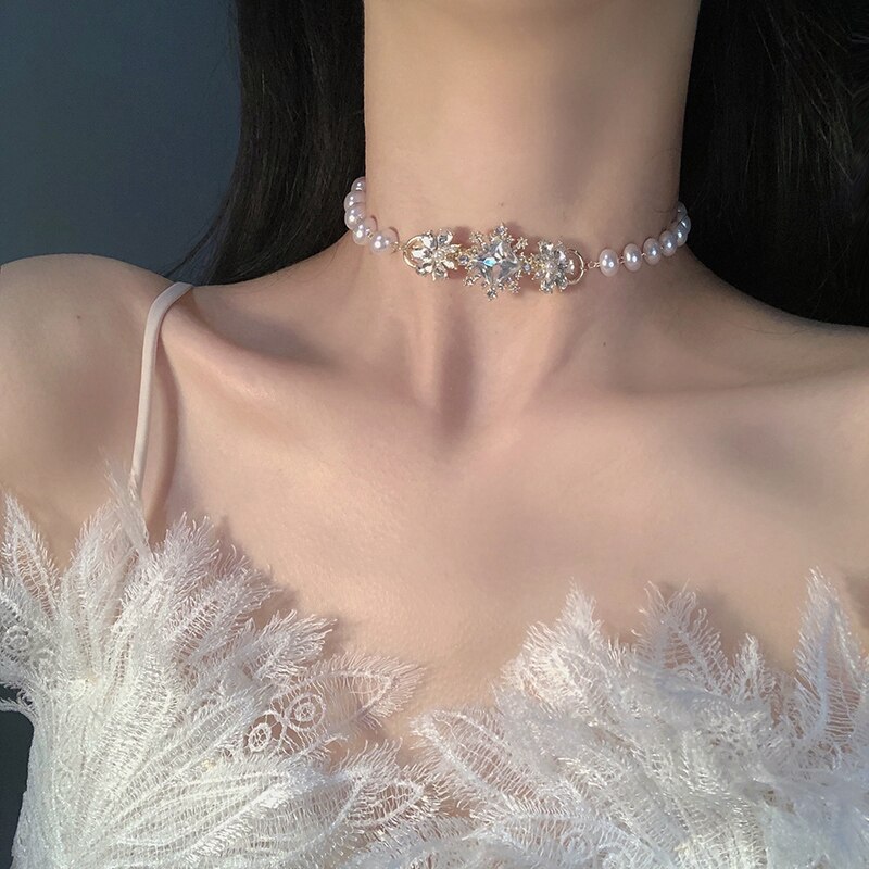 MENGJIQIAO collana girocollo di perle di lusso elegante coreana per donne ragazze moda fiore cristallo collana corta gioielli da festa