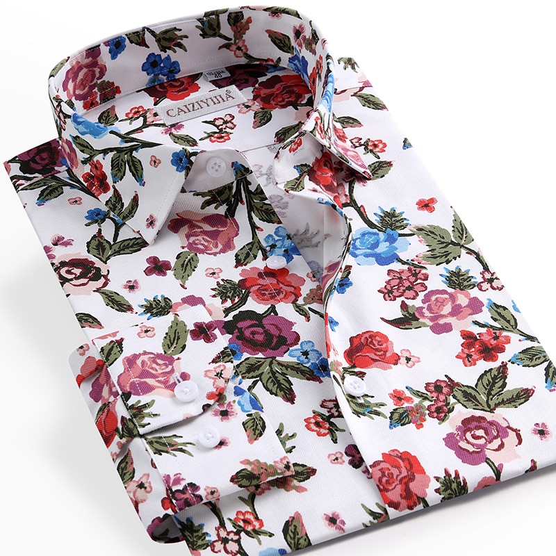 Männer Blumen Druck Shirt lässig Langarm Gedruckt Blume Hemden Kleid schlank passen