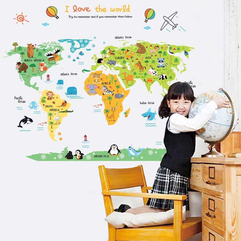 Cartoon Safari Animals World Map Nursery Wall Stickers for Kids Room Decoration Letters Global Maps WXV