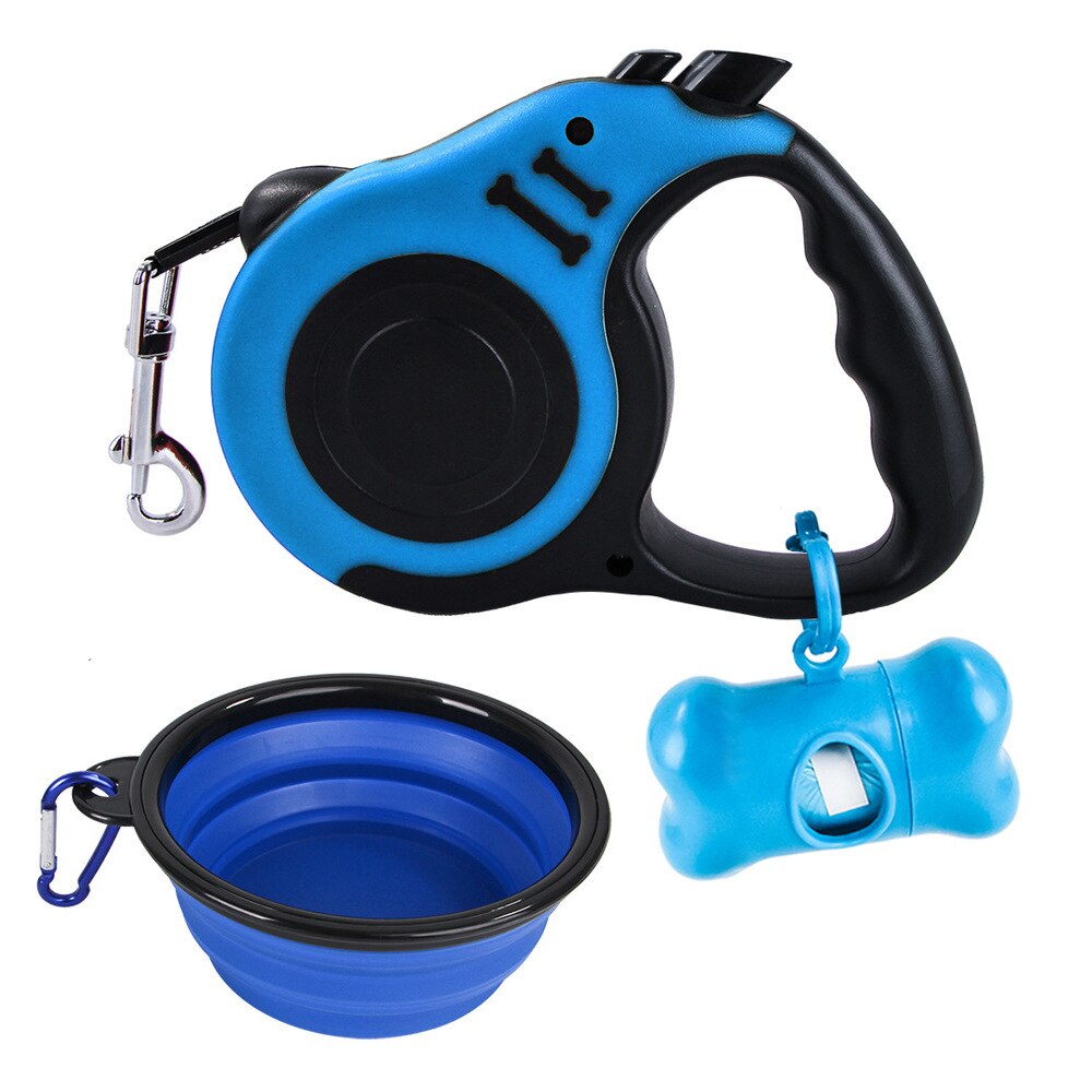 5M Retractable Dog Leash with Dog Waste Bag Dispenser &amp; Bags Dog Bowl Heavy Duty Walking Leash For Dogs Pet Puppy Leash Kit: Blue kit 1