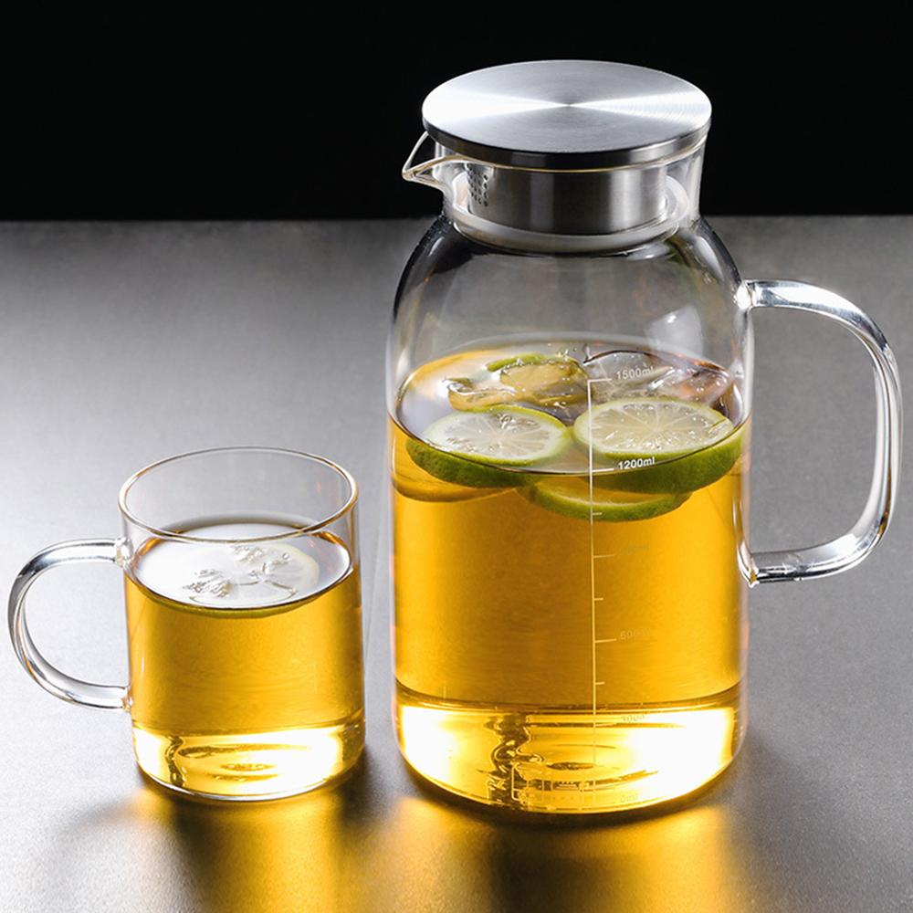 1800ml Glass Kettle Water Jug Heat Resistant Flower With Bamboo Lid Stainless Steel Filter Juice Container