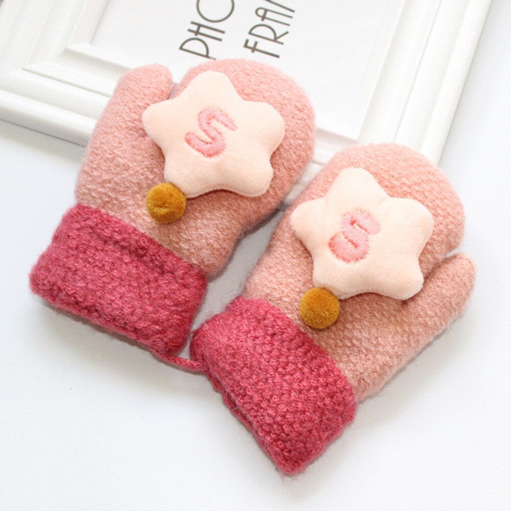 Winter Warme Handschoenen Baby Thicken Breien Handschoenen Volledige Vingers Baby Leuke Stiksels Meisjes Jongens Winter Warm Bandjes Wanten M840 #