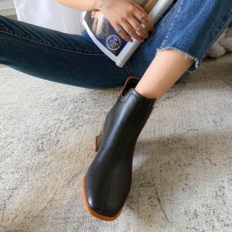 Fedonas Beknopte Vierkante Teen Vrouwen Enkellaars Terug Rits Mode Herfst Winter Dikke Hakken Pompen Trouwschoenen Vrouw
