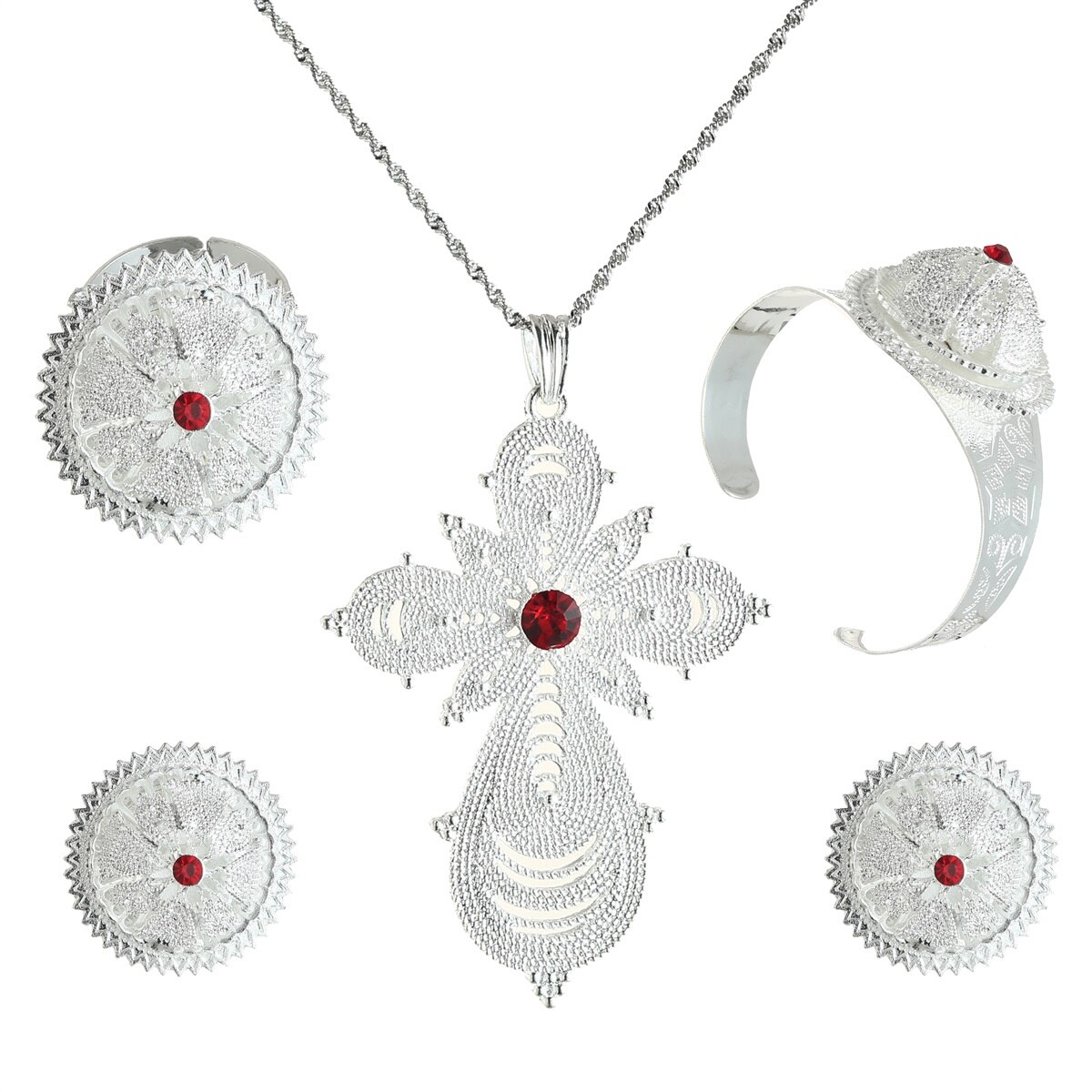 Mode Bridal Ethiopië Eritrean Afrikaanse Ketting Oorbellen Rode Zirconia Vrouwen Ethiopische Cross Sieraden Set