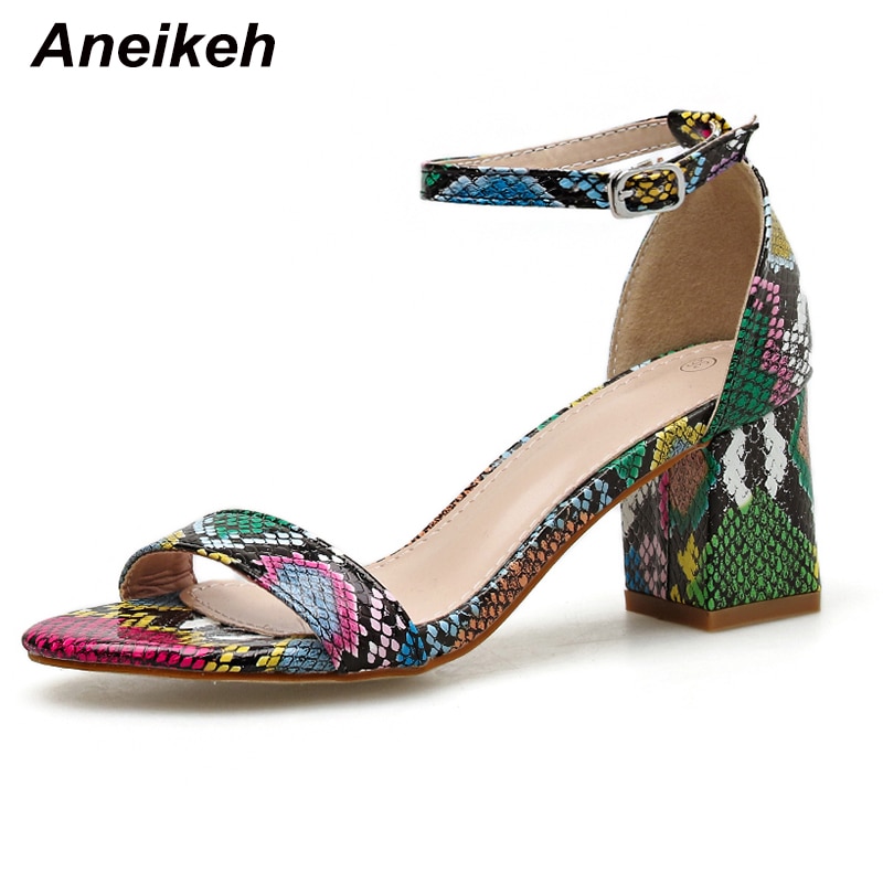 Aneikeh färg serpentine kvinnor skor peep toe 6cm höga klackar sandaler sommar fest skor pu ankel spänne sandaler pumps