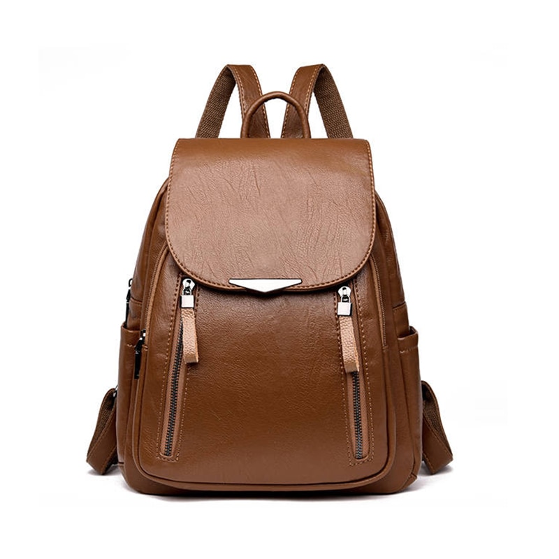 Classic Clamshell Double Zipper Women Backpacks Soft Pu Leather Bags for Women Shoulder Bags: Brown
