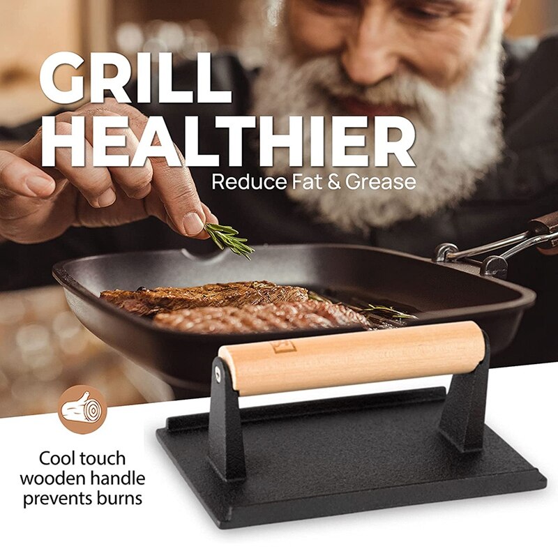 Cast Iron Grill Press, Pre-Seasoned Burger Press And Steak Weight With Cool-BBQ Accessories For Griddle, Outdoor Grill