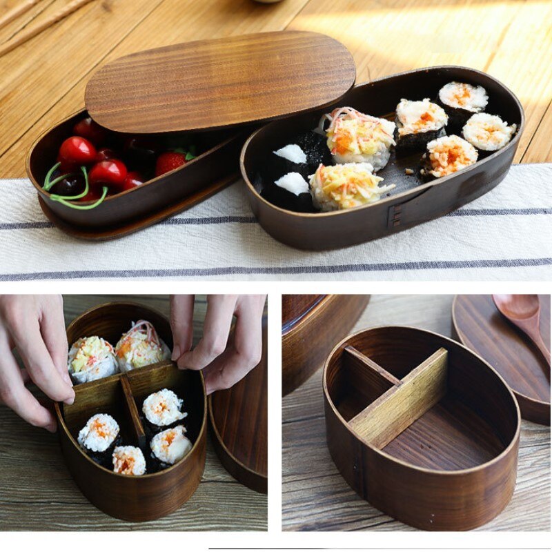 Retro Bento Box Tarwe Stro Split Lunchbox Draagbare Houten School Student Kids Magnetron Voedsel Opslag Container Sushi Doos