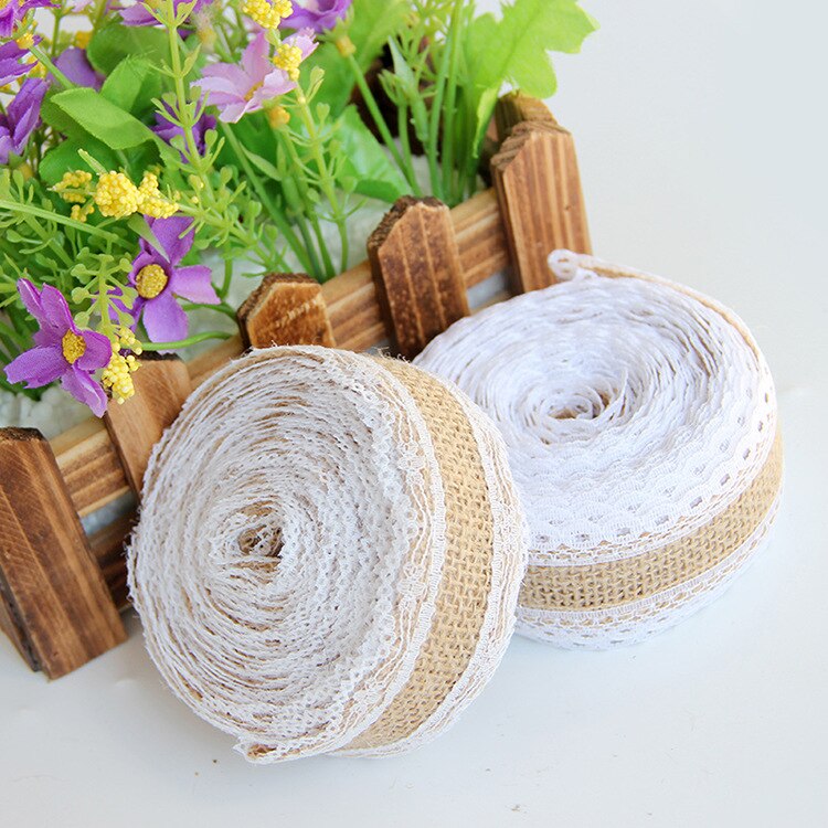 2.5 cm Jute Jute Linten met White Lace Trim DIY Handgemaakte Ambachten 2 Meter Stof Bruiloft Kerstmis Halloween Party Decoratie