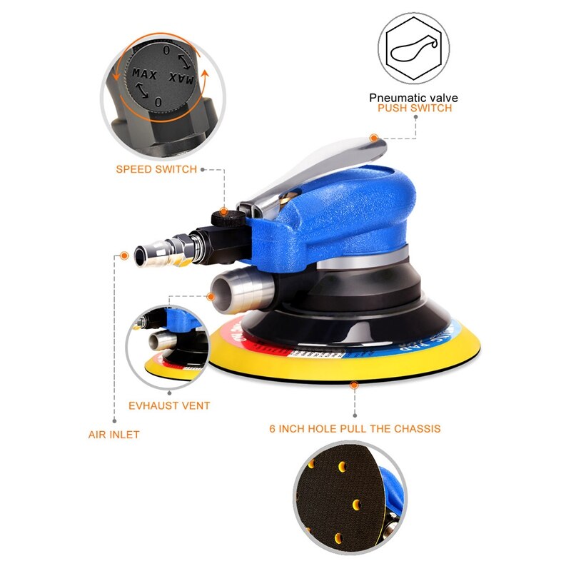 150mm 6 tums luftslipmaskin orbital slumpmässig handflata dubbelverkande tryckluftsslipverktyg +12 st slipskiva papper us plug