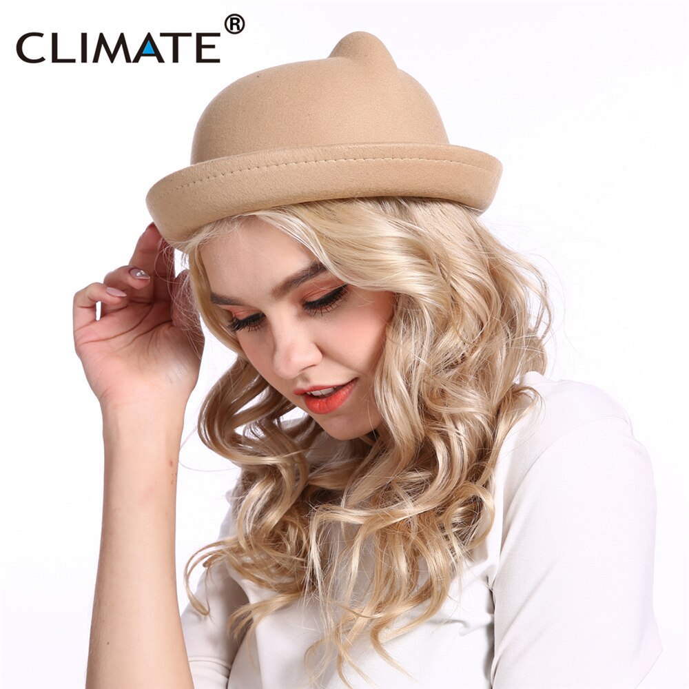 CLIMATE-Sombrero de fieltro con orejas de gato para mujer, sombrero de lana de poliéster, bonito, a la