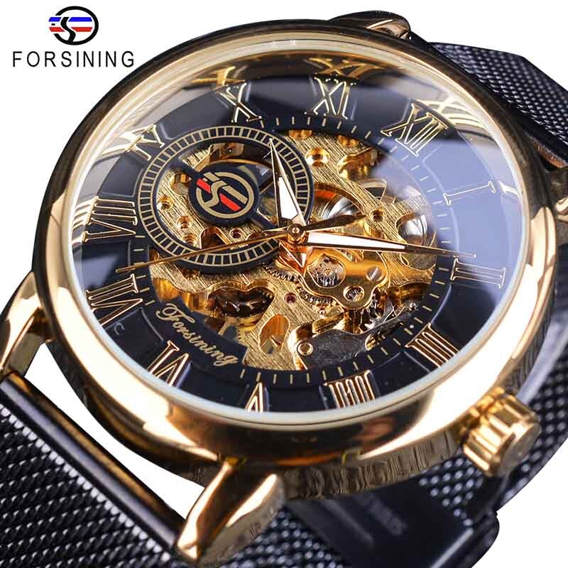 Forsining 3D squelette Royal rétro noir cadran doré montre mécanique bleu maille acier inoxydable bracelet lumineux montre-bracelet: GMT10408