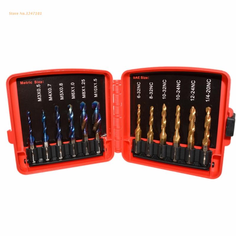Titanium Combination Drill Tap Bit Set 13 Pcs SAE &amp; Metric Tap Bits Kit for Screw Thread Drilling Tapping HSS Durable: C