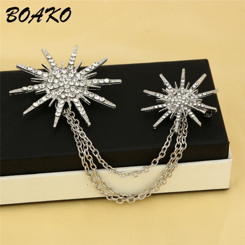 BOAKO Shining Crystal Snowflake Double Chain Tassels Brooch Women's Alloy Rhinestones Scarf Buckle Collar Pins Brooch Clip Badge