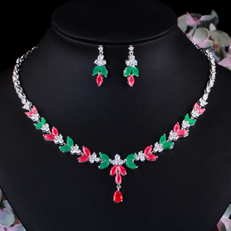 CWWZircons – ensemble de bijoux de mariage en pierre de zircone cubique, collier et boucles d&#39;oreilles, , africain, vert, rouge, T467: silver color