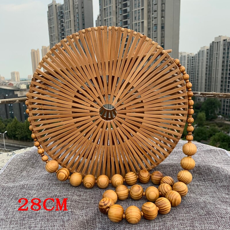 Borse a tracolla nuove da donna borsa a tracolla regalo in bambù intrecciata a mano borsa da spiaggia in bambù per il tempo libero borsa diagonale intrecciata rotonda creativa: 28CM