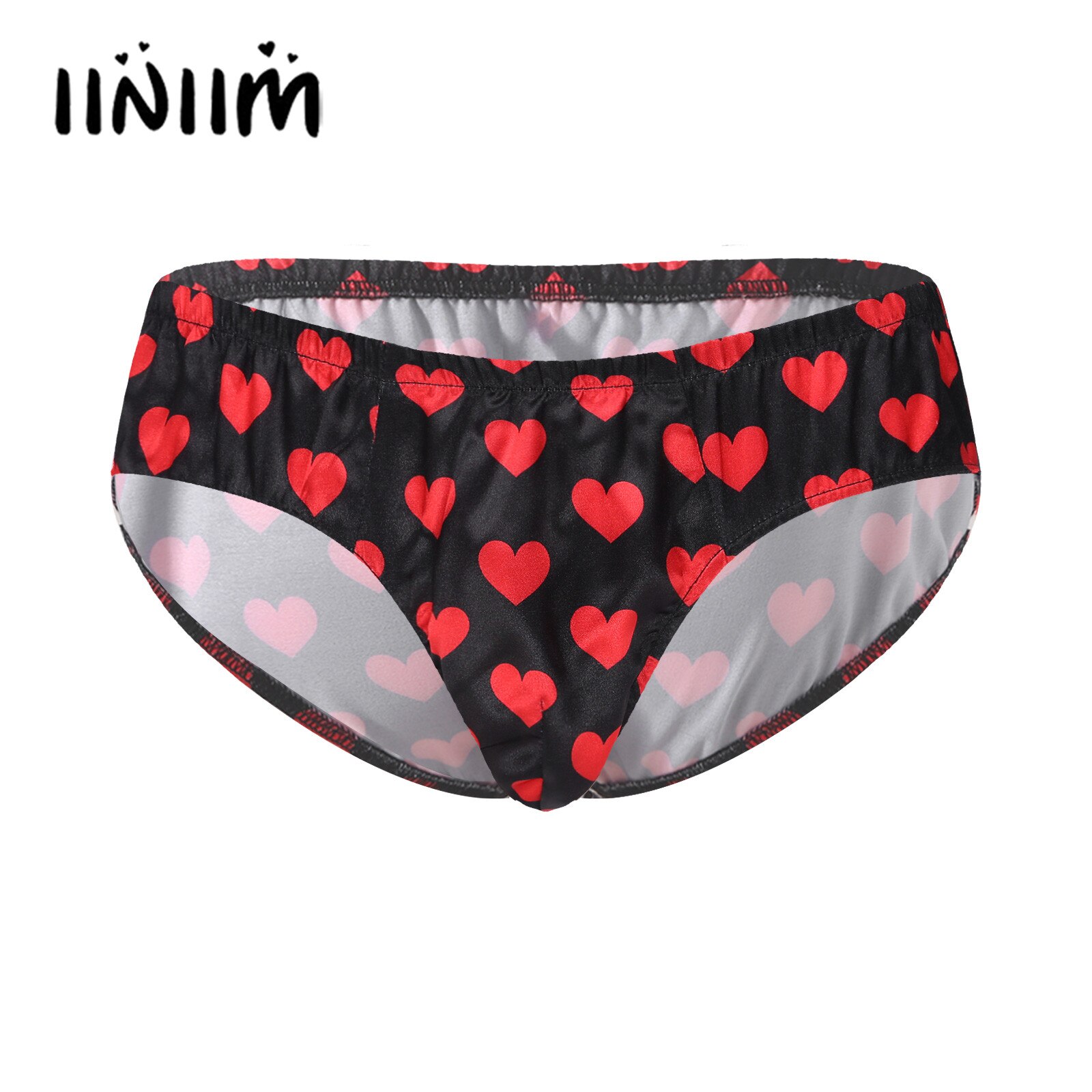 Mens Lingerie Sissy Underwear Heart Printed Satin Briefs Panties Low Waist Elastic Waistband Bulge Pouch Underpants
