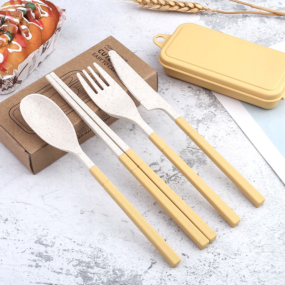 Reizen Bestek Bestek Draagbare Box Japan Stijl Tarwestro Mes Vork Lepel Eetstokjes Student Keuken Servies Set: 4 set / Gold