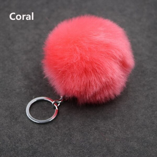 de Navidad Artificial Bola de pelo de conejo de peluche de felpa Fuzzy Llavero de pelo llavero con pompón coche bolsa llavero colgante de llavero de la joyería: Coral