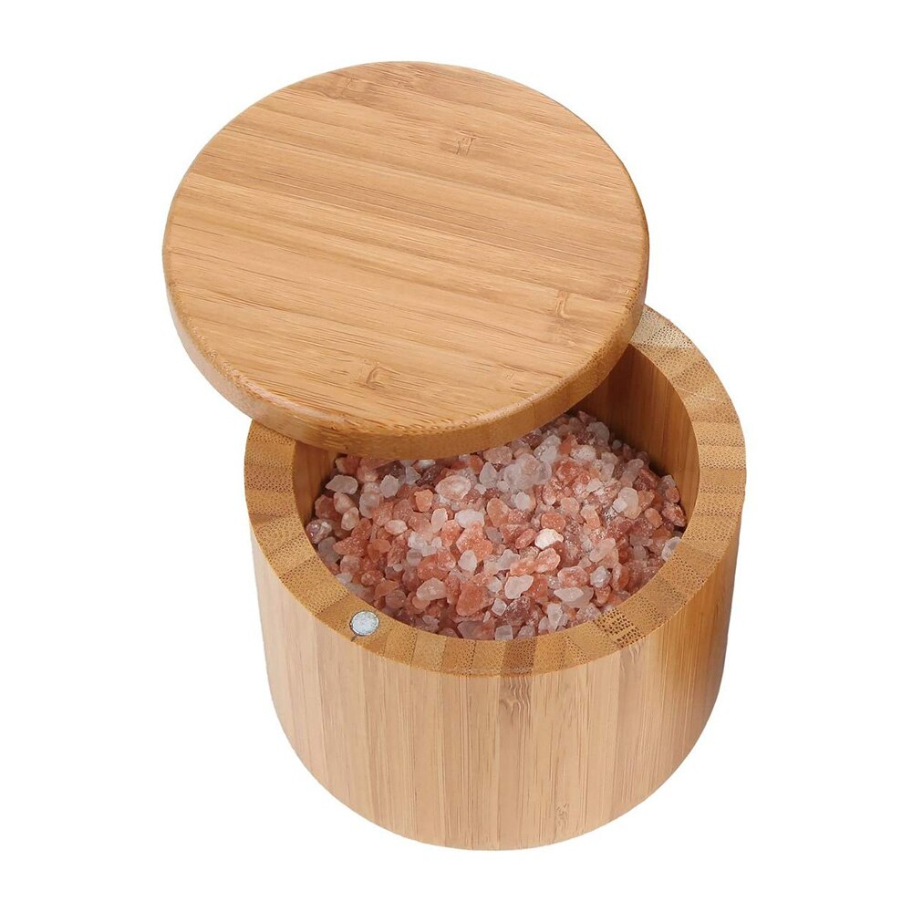 Tarro de especias de madera redonda Natural sal de bambú caja contenedor cocina moderna caja de almacenamiento con tapa de imán hierbas aromáticas herramientas sal caja