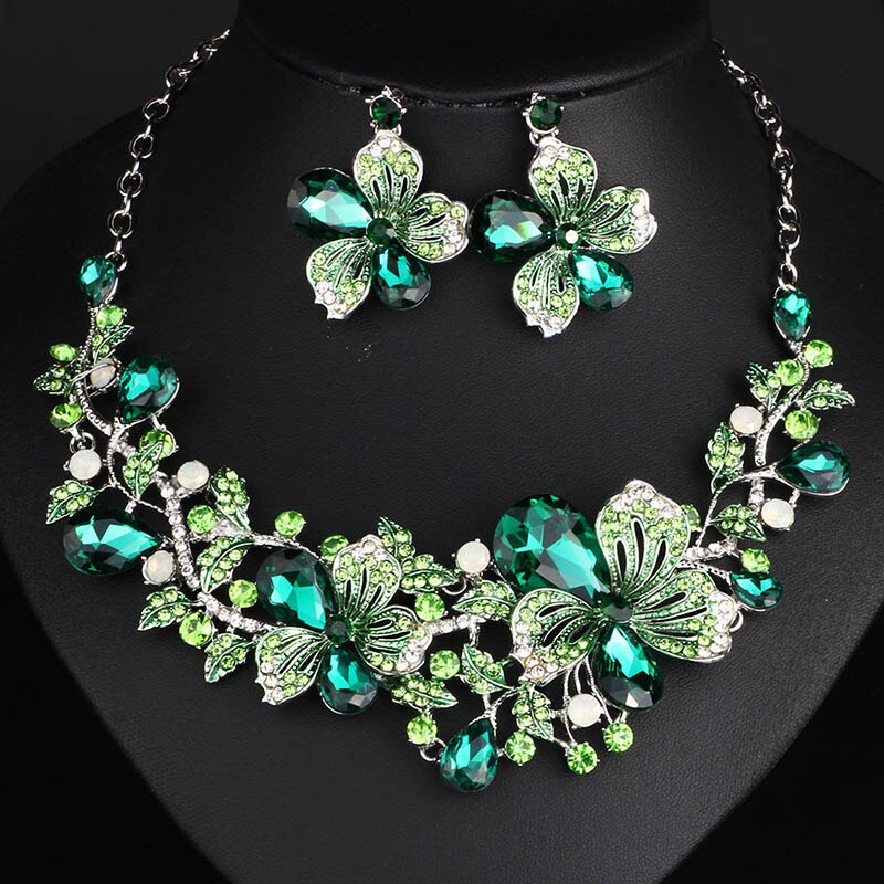 Bijoux de mariage de cristal strass fleur collier boucles d'oreilles ensemble pour les femmes ensembles de mariée bijoux de fête de luxe demoiselle d'honneur: green