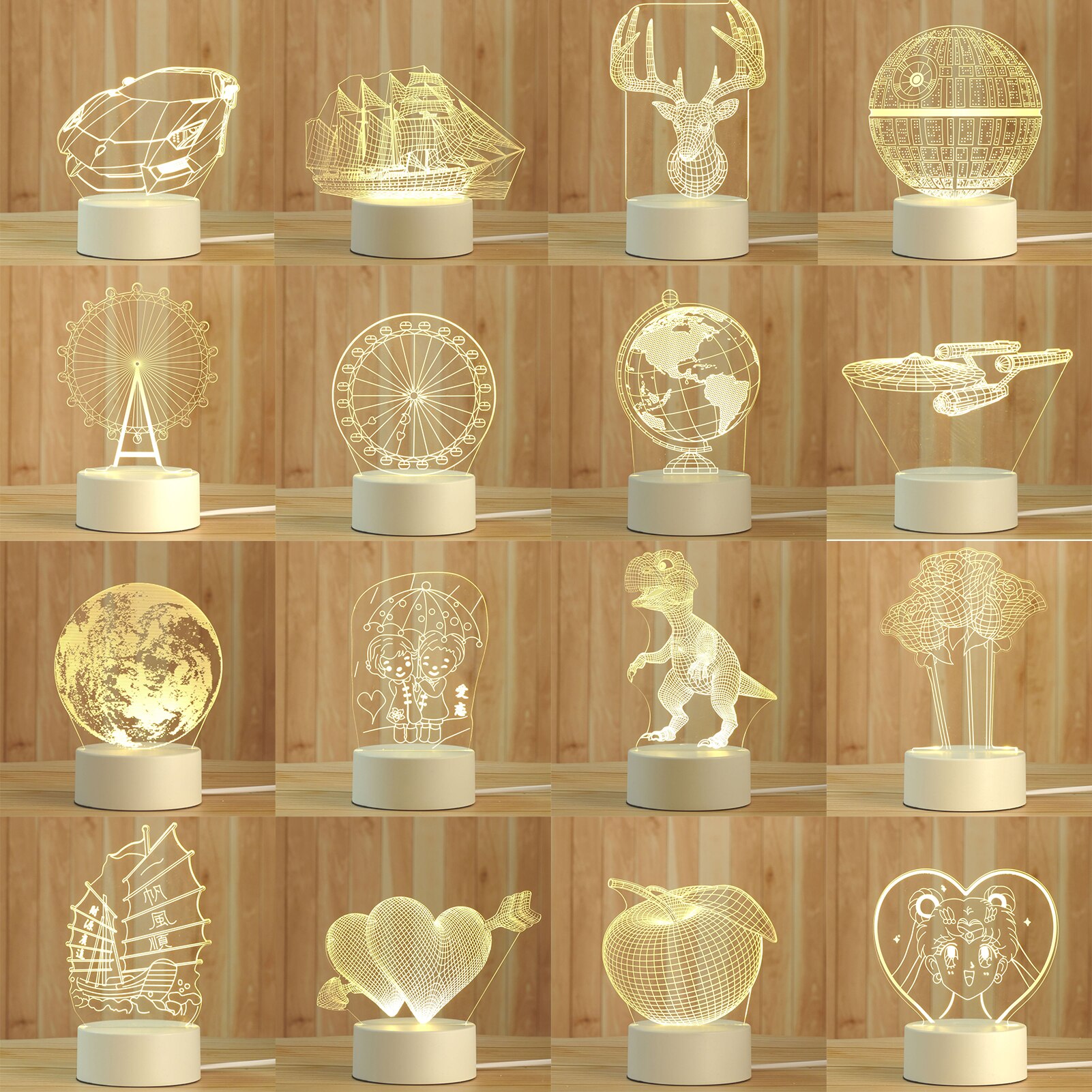3D Cute Bear/Horse/Boat Acrylic LED Night Light Kids Bedroom Desk Lamp 3D LED Lamp Lamp Night Lights Novelty Lamp