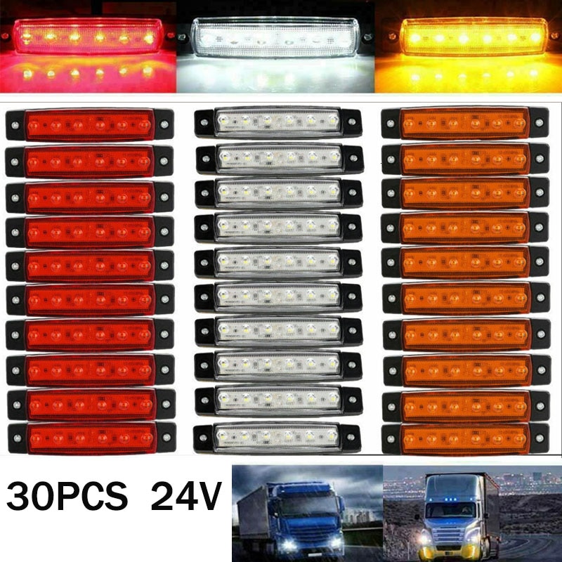 30 stk 24v 6 led lys rød hvit gul lastebil henger pickup lastebil bil sidemarkeringsblinklys 24v campingvogn traktor