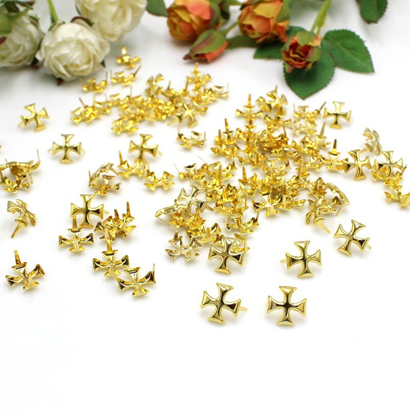 100 Stks/partij 12Mm Golden Cross Studs Metalen Klauw Kralen Nailhead Punk Studs Klinknagel Riem/Lederen/Schoenen/kleding Accessoires