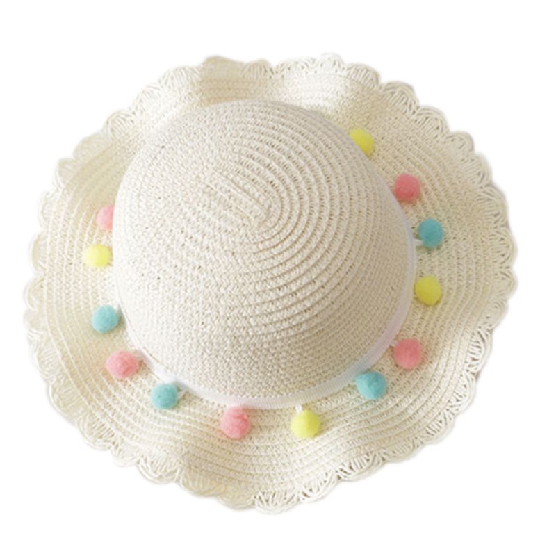 Kids Girls Large Wide Brim Straw Woven Sun Protection Beach Hat Colorful Pompom Ball Summer Floppy Bucket Cap Portable Handbag: B