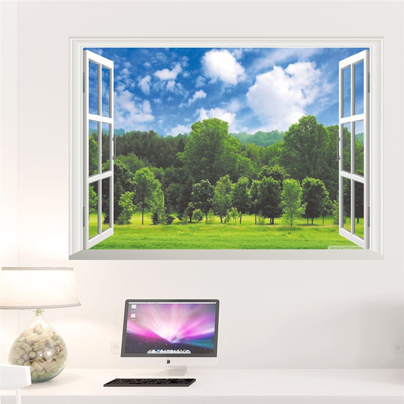 Cartoon Forest Tree Window View Wall Sticker PVC 3d effect Vivi through Wall decals Home Bedroom living room decoration