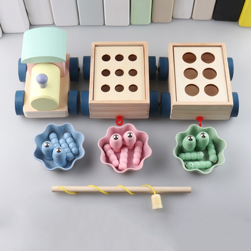 Juguetes interactivos de madera para niños, juegos magnéticos, pesca, gusano, juguetes educativos para edades tempranas