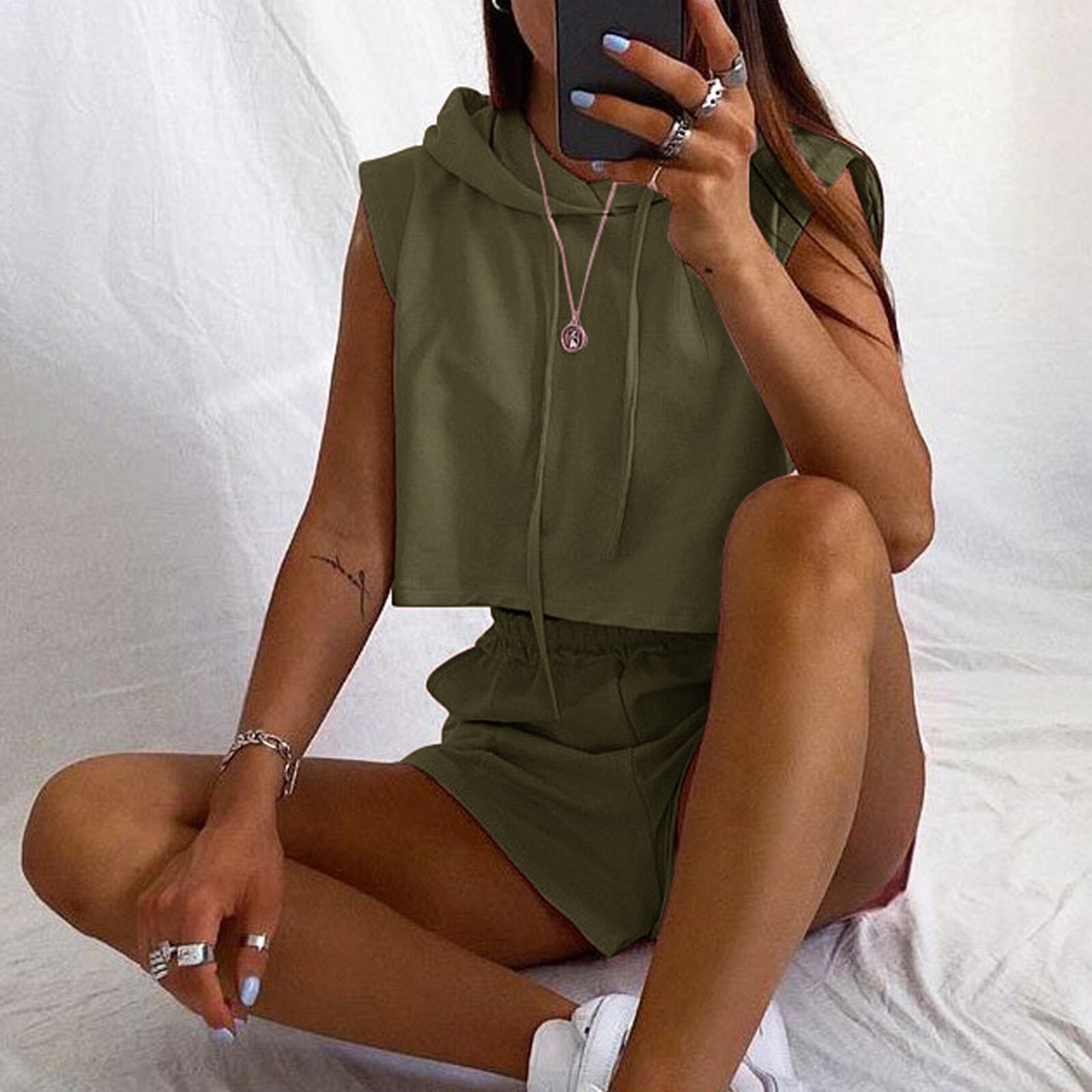 Zomer Vrouwen Effen Kleuren Mouwloze Hooded Vest Tops Pocket Shorts Casual Losse Tweedelige Fitness Running Set Sportkleding # g4