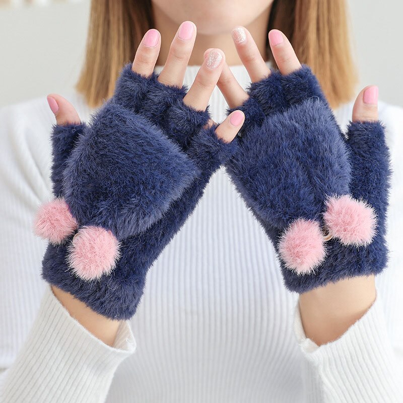 Winter Warme Zachte Konijnenbont Knit Mittens Vrouwen Flip Half Vinger Pluche Dikke Leuke Cartoon Kat Klauw Touchscreen Rijden handschoenen I1: C Cyan