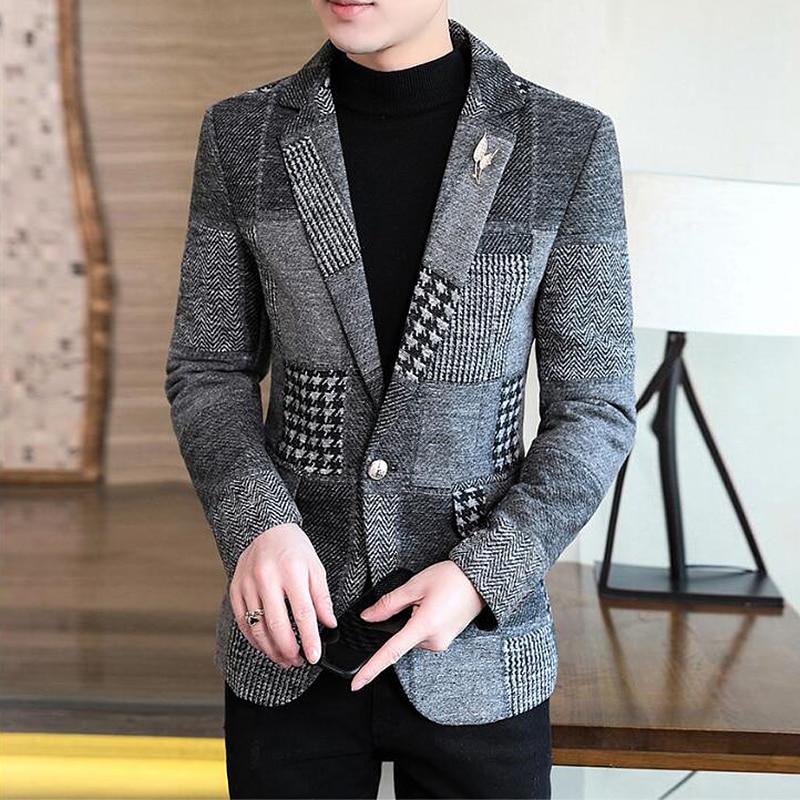 Mens Stylish Blazer Thick Warm Suit Jacket Men Woolen Coat With Plaid Stitching Blazer Hombre Slim Fit Prom Blazers For Men: Gray / Korean XXXL